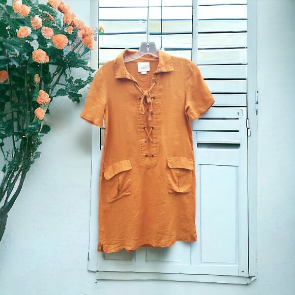 Anthropologie Maeve Dress 100% Linen Lace Up Front Pockets Size 0 Fall - Picture 2 of 16